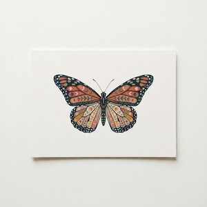 May include: A colorful butterfly illustration with intricate patterns in shades of orange, red, yellow, and blue. The butterfly is centered on a white background, showcasing its detailed wing designs and delicate antennae. The artwork is likely a print or card.