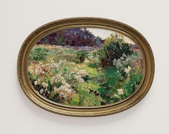 Lámina de pintura al óleo de pradera vintage – Paisaje floral impresionista (descarga digital)