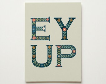 Lámina de arte popular de Ey Up Lancashire: Póster de felicitación con tipografía original (descarga digital)