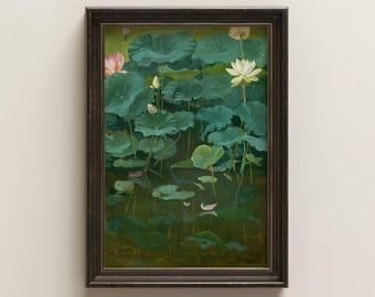 Lámina de pintura al óleo vintage de estanque de lotos – Arte mural botánico sereno de nenúfares (descarga digital)