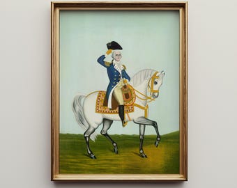 Estampa del general Washington a caballo blanco – Reproducción de arte popular primitivo (descarga digital)