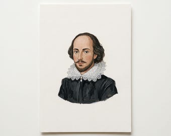 Lámina con retrato caprichoso de William Shakespeare, arte literario pintado a mano (descarga digital)