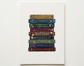 Lámina artística de pila de libros de Shakespeare, póster literario original, decoración estilo academia oscura (descarga digital)