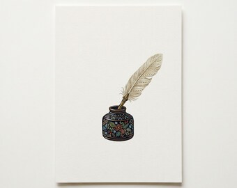 Lámina artística con diseño floral de pluma y tintero, ilustración botánica de estilo Dark Academia (descarga digital)