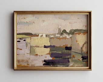 Lámina abstracta vintage de paisaje: arte mural geométrico de pueblo (descarga digital)
