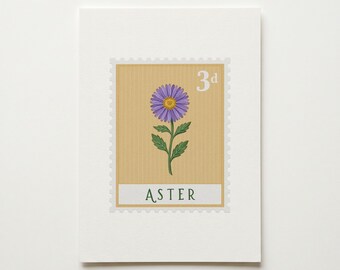 Sello personalizado con diseño de aster, póster botánico de la flor de nacimiento de septiembre (descarga digital).