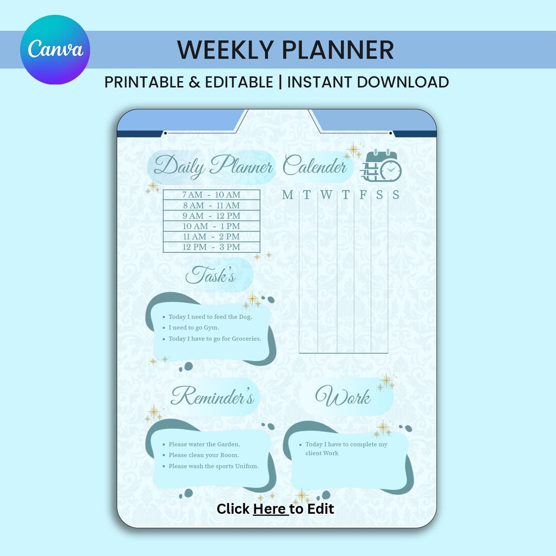 Canva Editable Weekly Planner Printable | Schedule Organizer ...