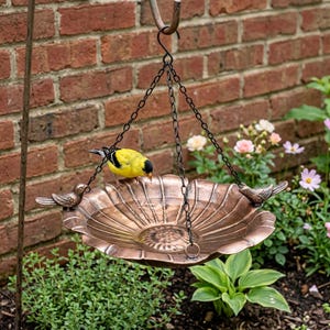 May include: A copper-colored metal hanging bird bath with a scalloped, petal-like basin design. The bowl is suspended by three black metal chains attached to two small bird figurines on the rim. A yellow and black goldfinch drinks from the water.