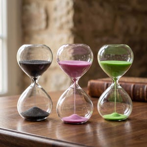 May include: Three glass hourglasses arranged in a row, each containing different colored sand. The left hourglass holds black sand, the center one contains vibrant pink sand, and the right hourglass is filled with bright green sand.