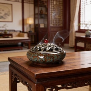 May include: A ceramic incense burner with a decorative metal lid and a red bead on top. The burner has a speckled green and brown glaze and sits on a dark wooden table. Wisps of smoke rise from the burner, suggesting it is in use.