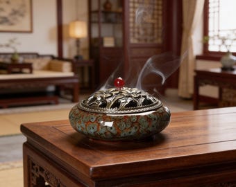 Large Ceramic Incense Burner & Mosquito Coil Holder – Ice Crack Glaze Censer with Metal Lid – Antique Aroma Burner for Home Decor