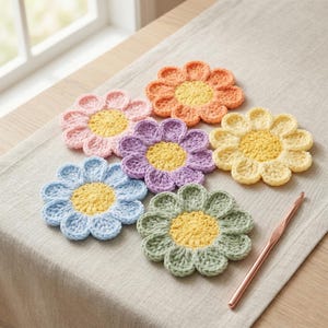 Op de afbeelding: Zes handgemaakte gehaakte bloemenonderzetters in pastelkleuren: roze, oranje, paars, geel, blauw en groen. Elke onderzetter heeft een gele kern. Een haaknaald ligt op het neutraal gekleurde oppervlak.