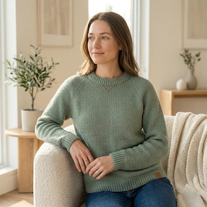 Patrón de suéter raglán muy fácil (PDF), proyecto de tejido para principiantes, jersey clásico de cuello redondo con corte holgado, hilo de grosor DK, de arriba a abajo.