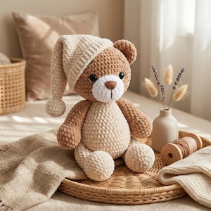 Può includere: Un orsacchiotto fatto a mano all'uncinetto, nei toni del marrone e del crema, con un cappello da notte abbinato con un pompon. L'orso è seduto su un vassoio intrecciato, con una coperta dai toni neutri e oggetti decorativi sullo sfondo.