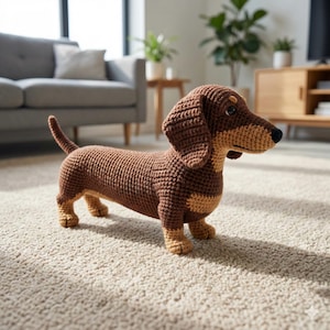Puede incluir: Un perro salchicha de ganchillo en tonos marrón y beige. El perro hecho a mano tiene un cuerpo largo, patas cortas y orejas caídas. Está de pie sobre una alfombra de color claro en una habitación bien iluminada. El perro es un objeto decorativo.