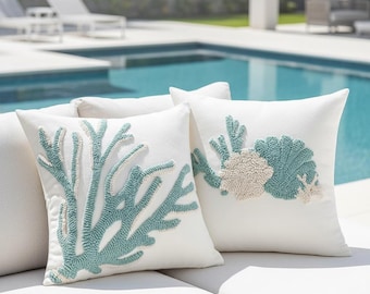 Tufted Küstenkissenbezug 18x18, Blau Grün Koralle Muschel Kissenbezug, Beach House Decor, Ocean Nautical Kissenbezug, Küstenleben