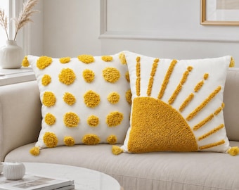 Gestickter Sun Tufted Kissenbezug 45 x 45 cm, Boho Quaste Kissenbezug, dekorativer Bauernhaus-Kissenbezug