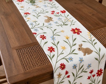 Gestickte Blumenkaninchen-Tischläufer, pastorale Frühlings-Küchen-Speisedekor