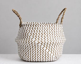Boho gestreifte Seegras Bauch Korb, zusammenklappbare Wäsche, Pflanztopf Abdeckung, Kinderzimmer Organizer