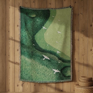 Abstrakte Landschaft mit fliegenden Vögeln, gewebter Wandbehang, Wandteppich, Couchüberwurf mit Fransen