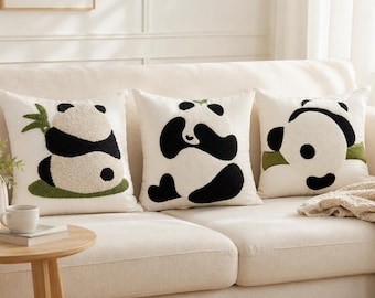 Panda Pillow Cover, Embroidered Bamboo Cushion Cover, Green Throw Pillow Case, Animal Sofa Pillow, Kawaii Living Room Decor, 45x45cm