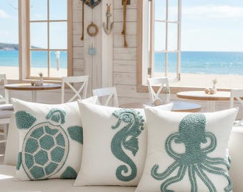 Tufted Sea Animal Kissenbezug 18x18, Küstenkissenbezug, Boho Ocean Kissenbezug, Strandhausdekor, Kinderzimmer Sofakissen