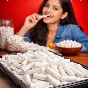 Puede incluir: Una bandeja llena de caramelos blancos de pizarra india. La imagen presenta a una mujer en el fondo, junto con frascos y un cuenco de caramelos. El texto "IndianSlatepencilCandy" es visible.