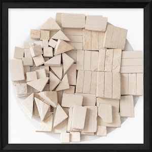 May include: Abstract art piece featuring a collection of small, irregularly shaped, beige stone blocks. The blocks are arranged in a circular pattern against a white background, framed in a black square.