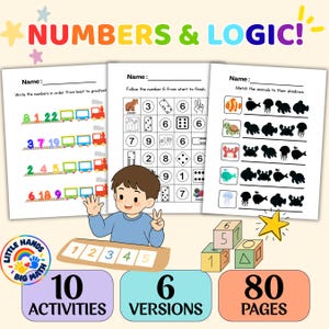 Peut inclure: Feuilles d'exercices éducatives intitulées NUMBERS & LOGIC! avec des exercices de mathématiques, des suites numériques et des associations d'ombres d'animaux. Inclut un personnage, des blocs numérotés et 10 activités, 6 versions, 80 pages.
