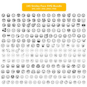 May include: A digital collection of 245 black and white line art smiley face icons arranged in a grid. The top yellow banner displays the text 245 Smiley Face SVG Bundle EPS | DXF | SVG | JPEG | PNG. Each icon features a unique facial expression.