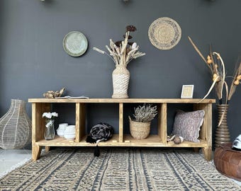 Massivholz TV-Einheit: Rustikale, moderne Konsole, Boho Low Bücherregal, Naturmöbel