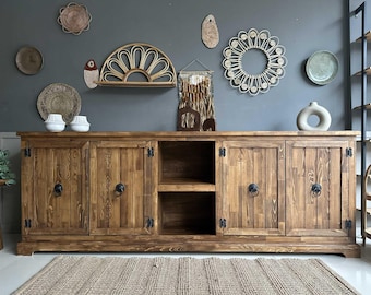 Solid Wood Console Table: Rustic Bohemian Buffet, Aged Walnut Storage Cabinet