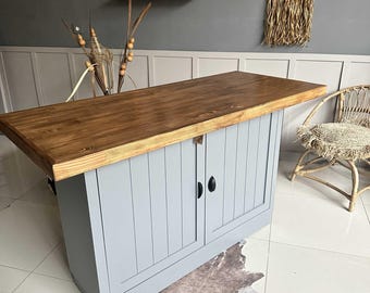 Handcrafted Solid Wood Top Kitchen Island with Storage, Farmhouse Grey Console Table