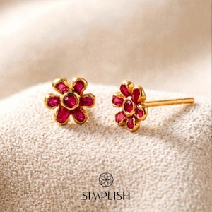 Pendientes de botón con forma de flor de rubí, plata de ley 925 chapada en oro de 22k, piedra preciosa natural, esmalte pintado a mano, botón floral, regalo para ella.