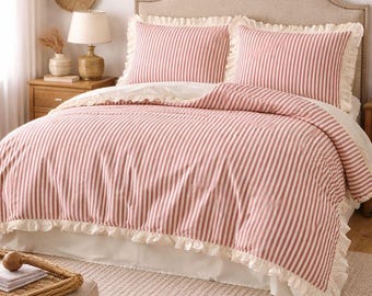 Juego de funda nórdica a rayas con volantes 100% algodón / Ropa de cama estilo rústico / Juego de cama cottagecore / Ropa de cama suave y romántica / Regalos de boda