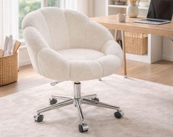 Bouclé draaistoel, moderne bureaustoel met wielen, gezellige bureaustoel, crèmekleurige accentstoel, esthetische kantoormeubelen, meisjeskamerinrichting