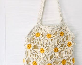 Daisy Häkeltasche, cremeweiß Handgestrickte Tasche, gehäkelte Tasche, Sommer-Frauen-Tasche, Strandtasche