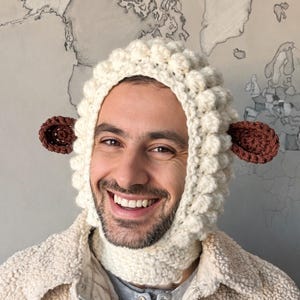 May include: A person wearing a cream-colored crochet sheep hat with brown ears and a matching scarf. The person is also wearing a cream-colored sherpa jacket over a gray shirt. A world map is in the background.