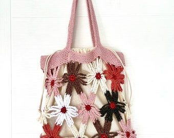 Floral Hand-knitted Bag, Daisy Crochet Bag, Crochet Tote Bag, Summer Women Bag, Beach Bag