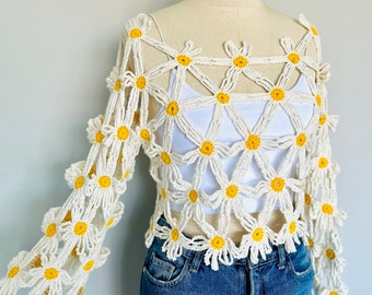 Crochet Daisy Blouse, Hand Knitted Sweater, Festival Style, Crochet Summer Hippy Sweater, Spring Vibes, Handmade Knitwear, Gifts for MOM