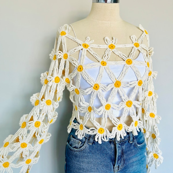 Crochet Daisy Blouse, Hand Knitted Sweater, Festival Style, Crochet Summer Hippy Sweater, Spring Vibes, Handmade Knitwear, Gifts for MOM