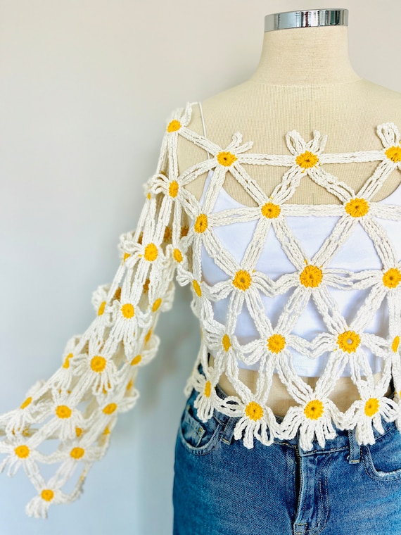 Blusa de margaritas tejida a crochet sueter tejido a mano estilo festival sueter hippie de verano tejido a crochet estilo primaveral prendas de punto hechas a mano regalos para mama Etsy