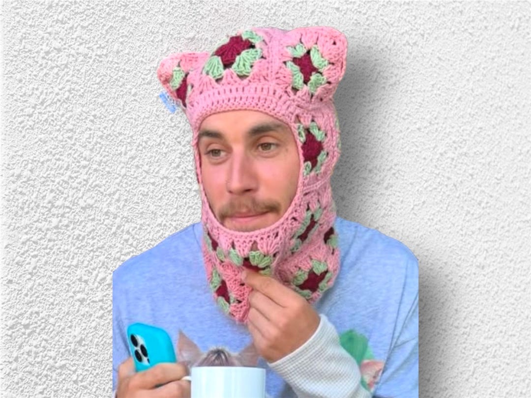 Granny Square Crochet Cat Ear Balaclava: Cotton Knit Hoodie