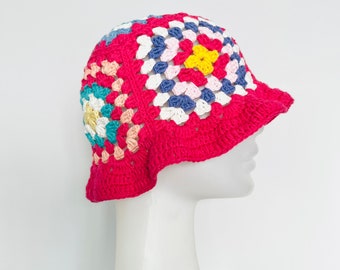 Woman's crochet bucket hat, Granny square cotton sun hat, Custom knit bucket hat, Handmade hair accessories, Vintage, Boho, Retro Style