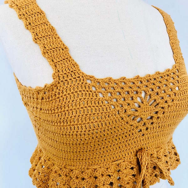 Cute Mustard Crochet Crop Top, Knit Crochet Top, Bustier Top, Hippie Clothes, Boho Style, S/M size
