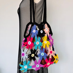 Handmade Crochet Daisy Bag: Multicolor Granny Square Cotton Tote