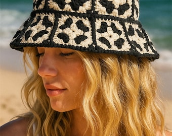 Cappello da pescatore all'uncinetto: quadrato della nonna bianco e nero, cotone biologico