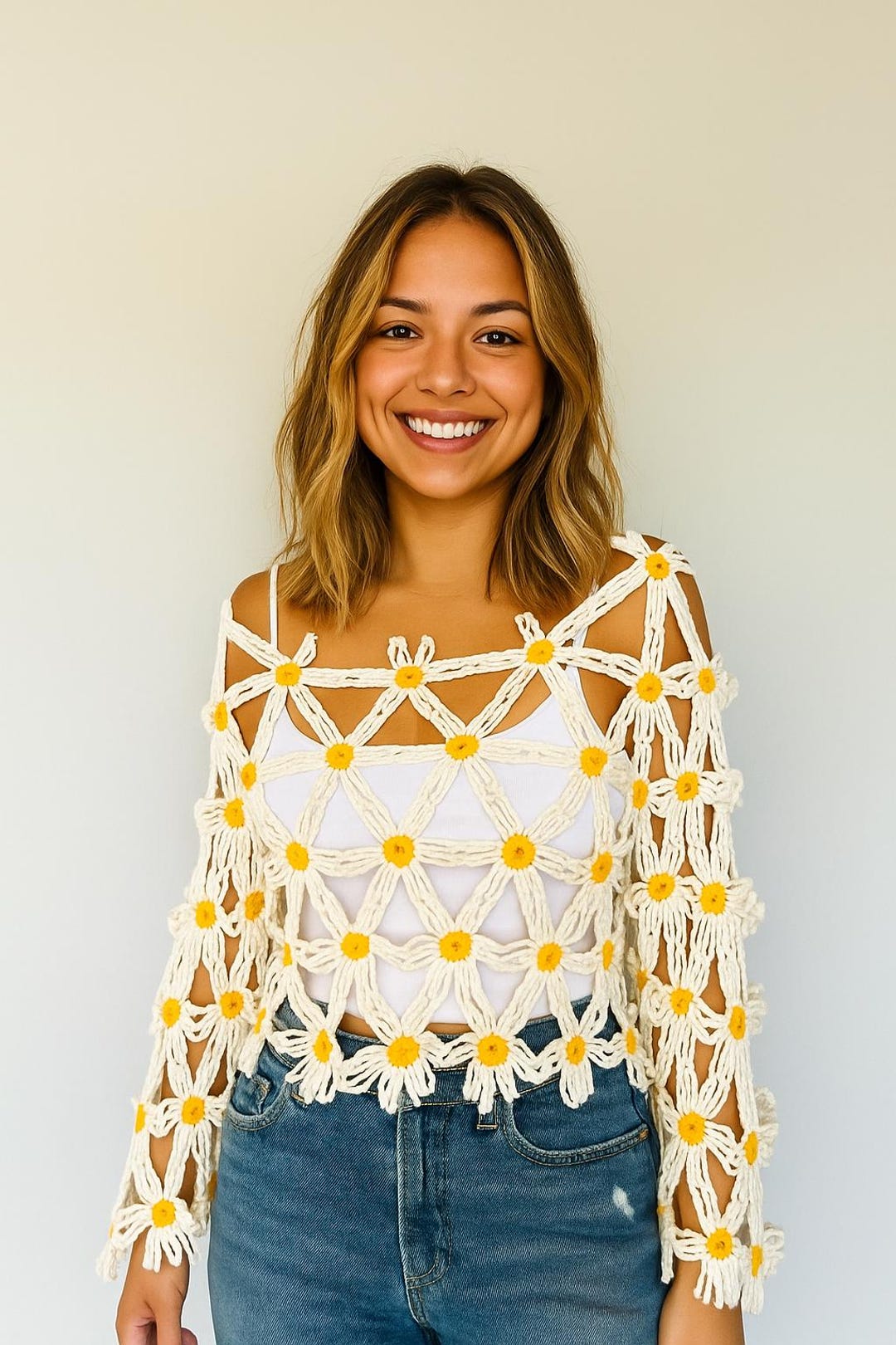 Blusa de margaritas a crochet: suéter hippie de algodón hecho a