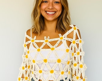 Crochet Daisy Blouse: Handmade Cotton Hippie Sweater