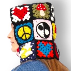 Pasamontañas de ganchillo cuadrado de abuela colorido: gorro de algodón con capucha